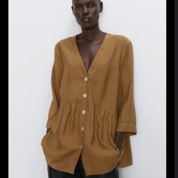 ZARA Tan Button Up Peplum‎ Blouse Tunic - Picture 1 of 6